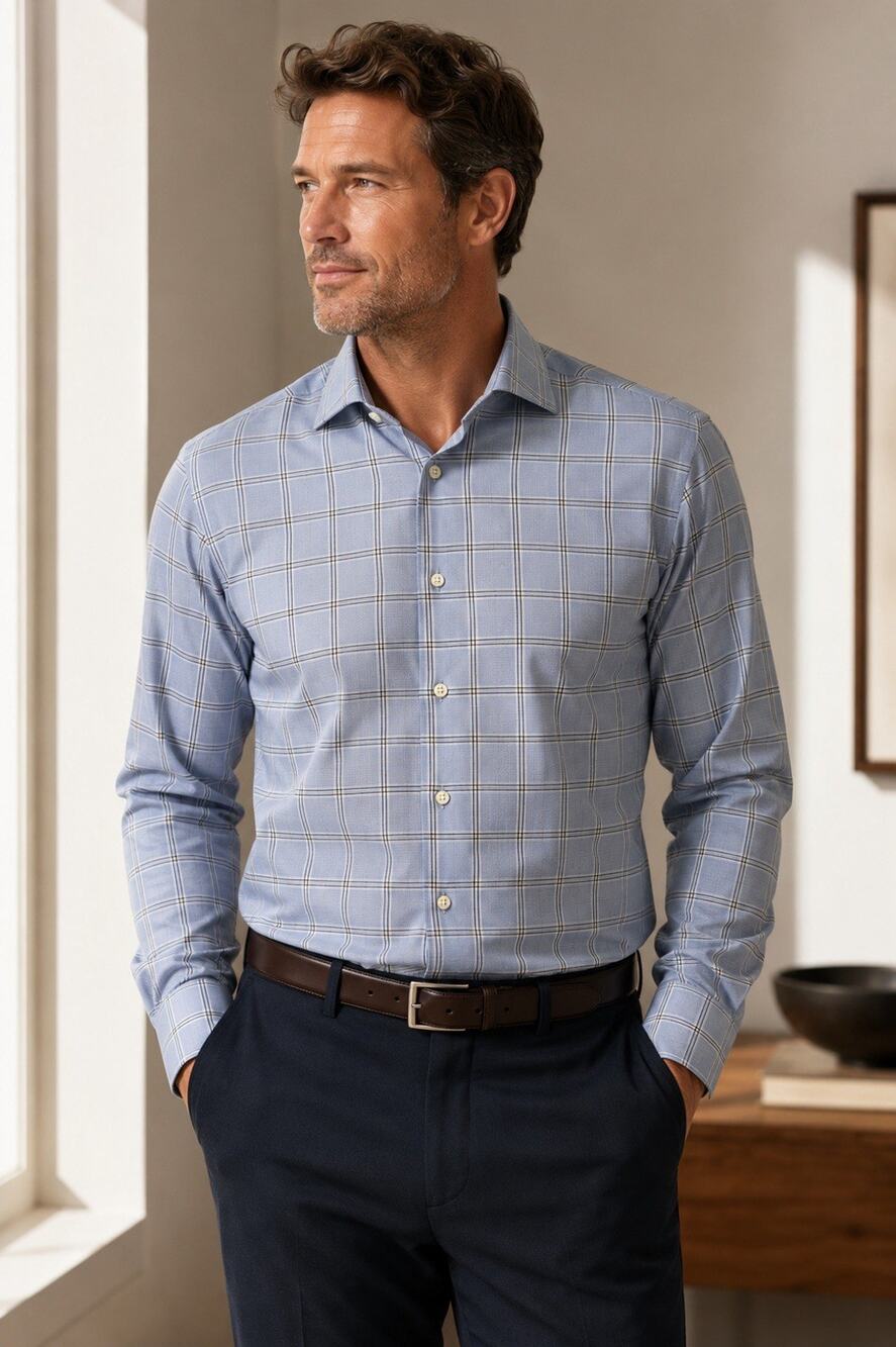 Stenstroms Fitted Body Shirt Men’s 46 18 Blue Windowpane Twofold Cotton Dress